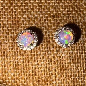 Sterling Silver, White Opal with Moissanite Halo Stud earrings.